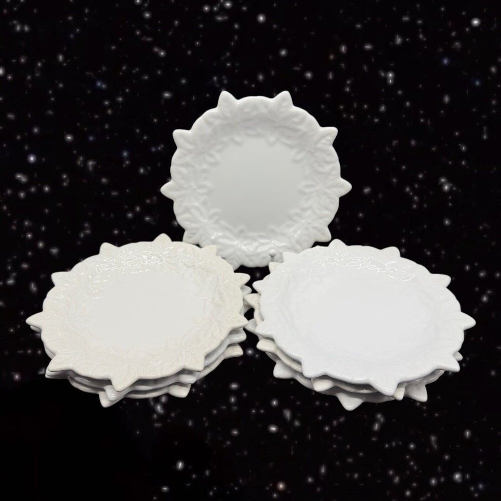 Temp-tations Poinsettia Plate By Tara White Ceramic Flower Pointy Dish set 7 pcs